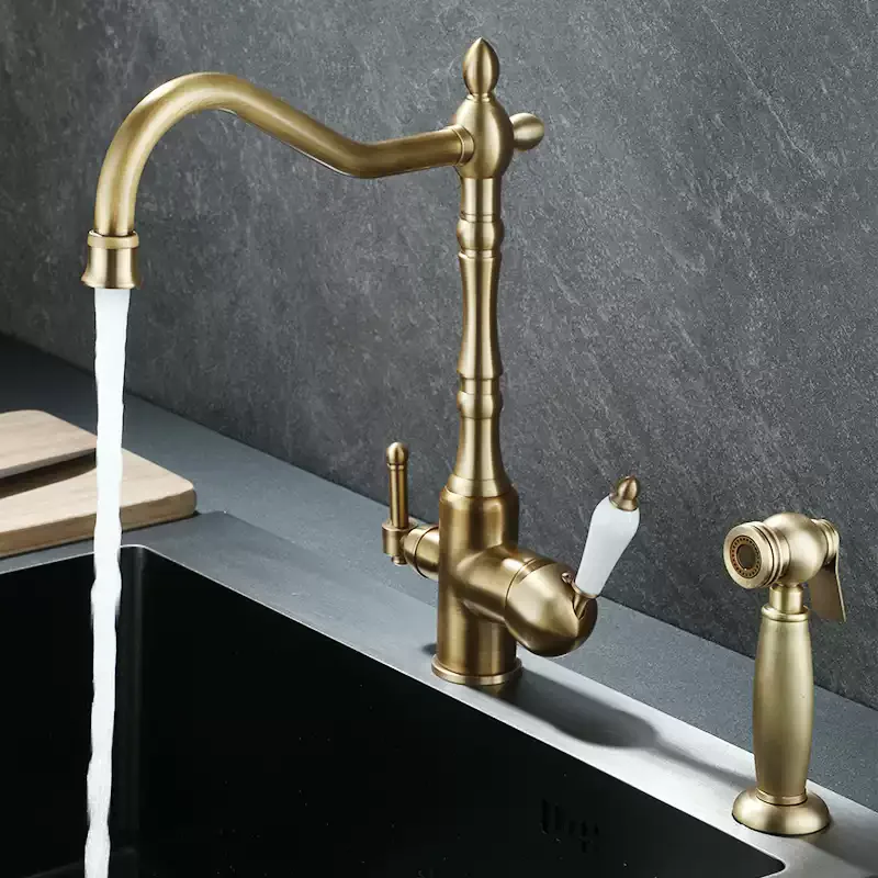 Antique Kitchen Faucet With Spray Gun Brass Crane Kitchen Deck Mounted Water Filter Taps Sink Faucet Mixer 3 Way Kitchen Faucets