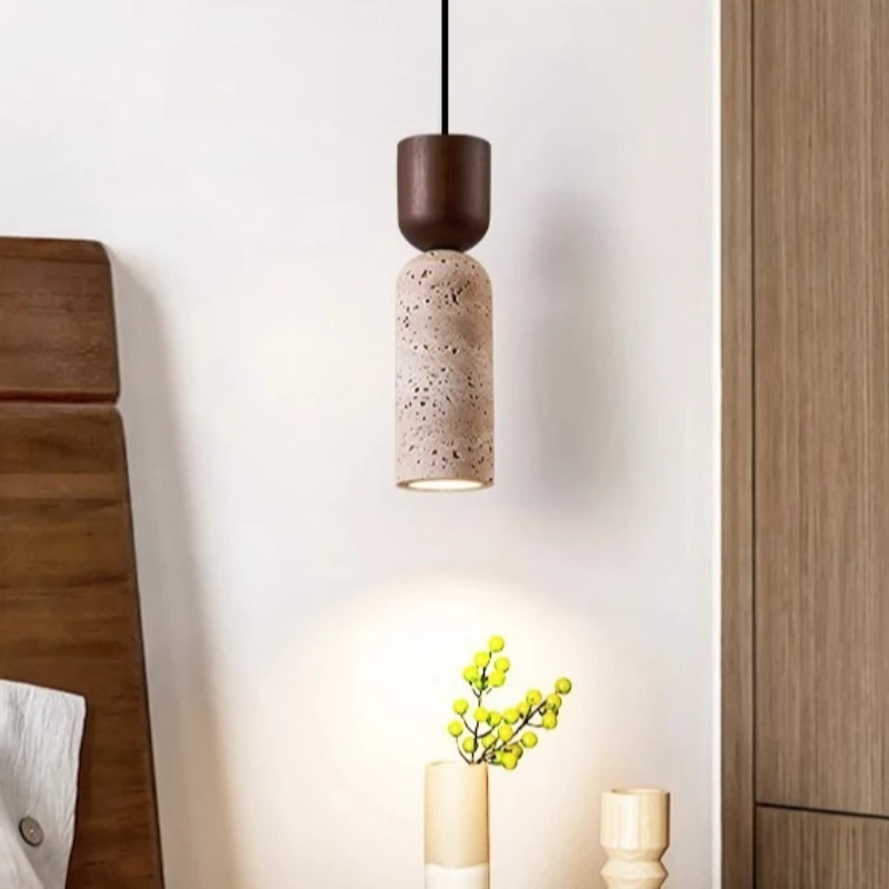 Japanese Wabi‑Sabi Yellow Travertine Pendant Light Retro Wood Hanging Lamp Home Decor Lighting for Bedroom Living Dining Room
