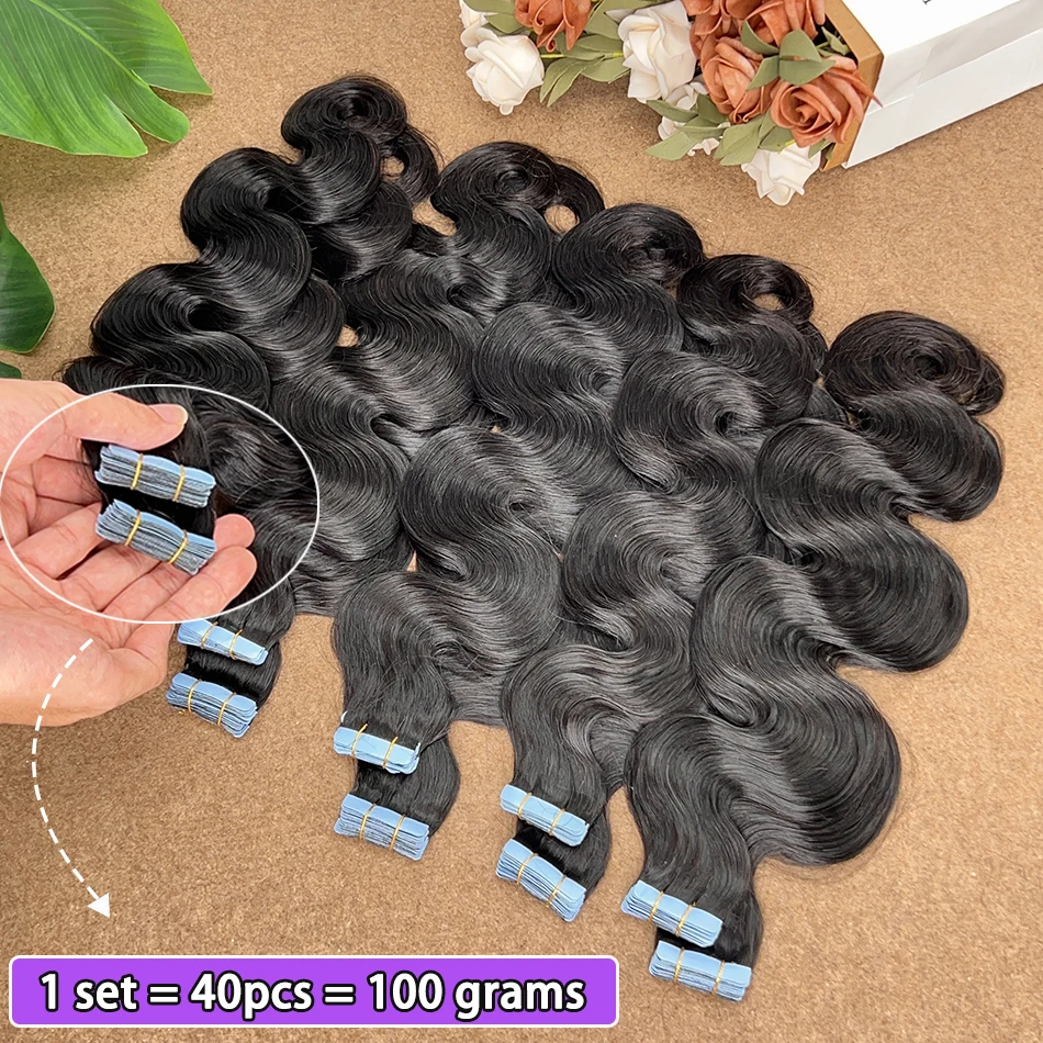 الجسم موجة بو الشريط في وصلات الشعر سلس بو الجلد لحمة اليد تعادل المواد اللاصقة 4x0.8 8x0.8 سم 100% الخام شعر بشري لعذراء #1