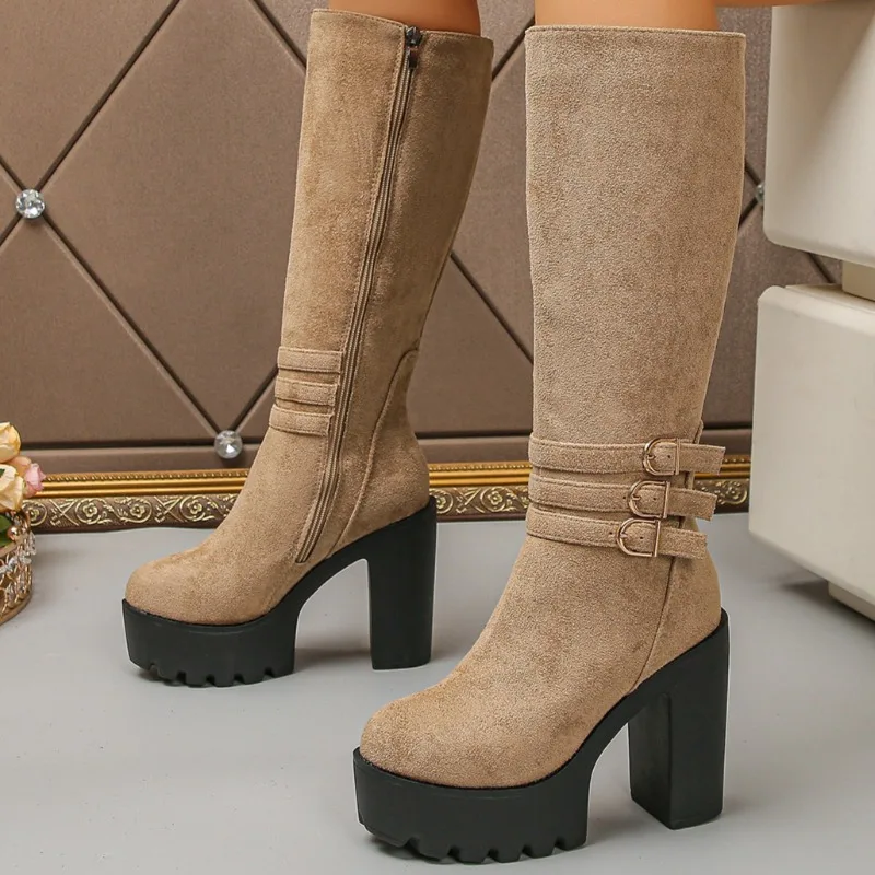 Spring and Autumn Women's Solid Color Shoes Vintage Block Heel Knee-high Boots Women Side Zipper Casual Fashion Knee-high Boot