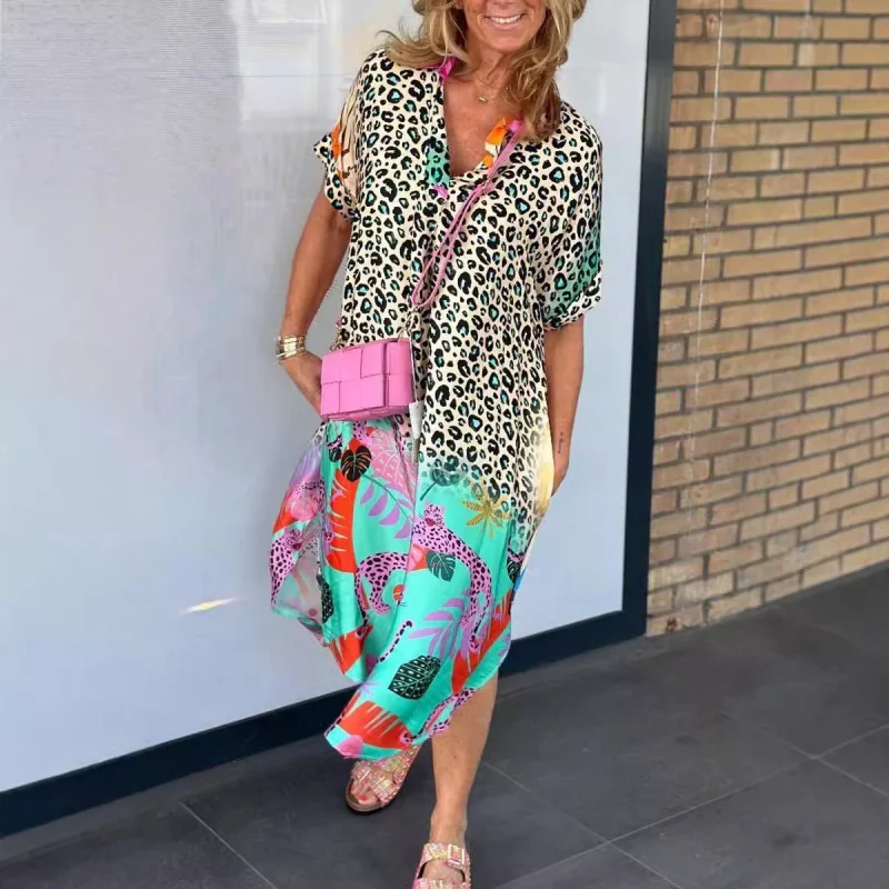 

2025Hot-selling New European and American Hot-selling_Casual LooseVCollar Printed Color Block Leopard Pocket Slit Mid-Length Ski