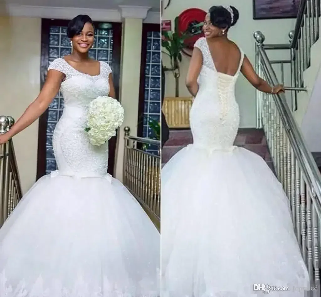 

Customized New African Nigeria Mermaid Wedding Dresses Plus Size Scoop Lace Up Back Crystal Beaded Sweep Train Custom Formal Bri