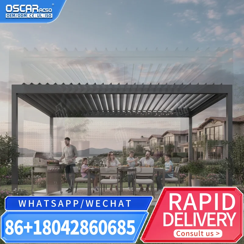 Modern Bioclimatic Aluminum Alloy UV Resistant Enclosed Motorized Louvered Structure with Glass Door Screen for Backyard Terrace