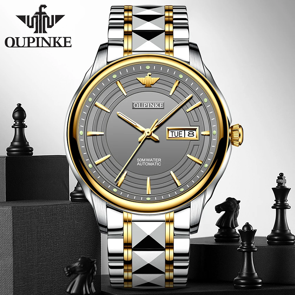 OUPINKE 3170 Business Mechanical Watch For Men Week Calendar Display Luminous Wristwatch Stainless Steel Deep Waterproof Watches