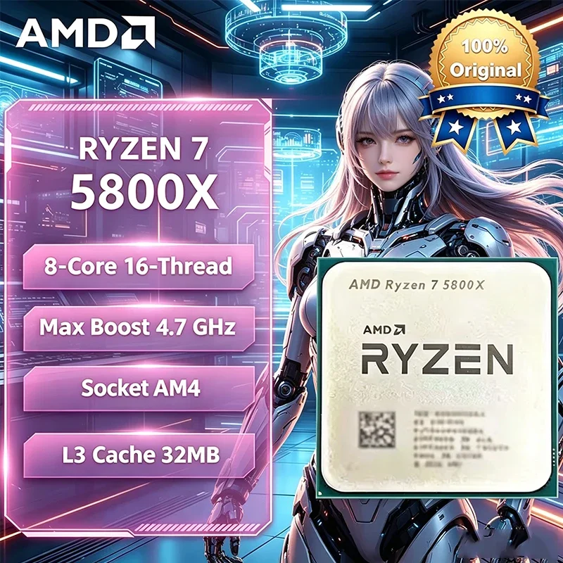 Nuevo Procesador AMD Ryzen 7 5800X, CPU AMD R7 5800X de 8 Núcleos y 16 Subprocesos, 3.8GHz, Desbloqueado, para Escritorio, Socket AM4, para Juegos, Sin Embalaje