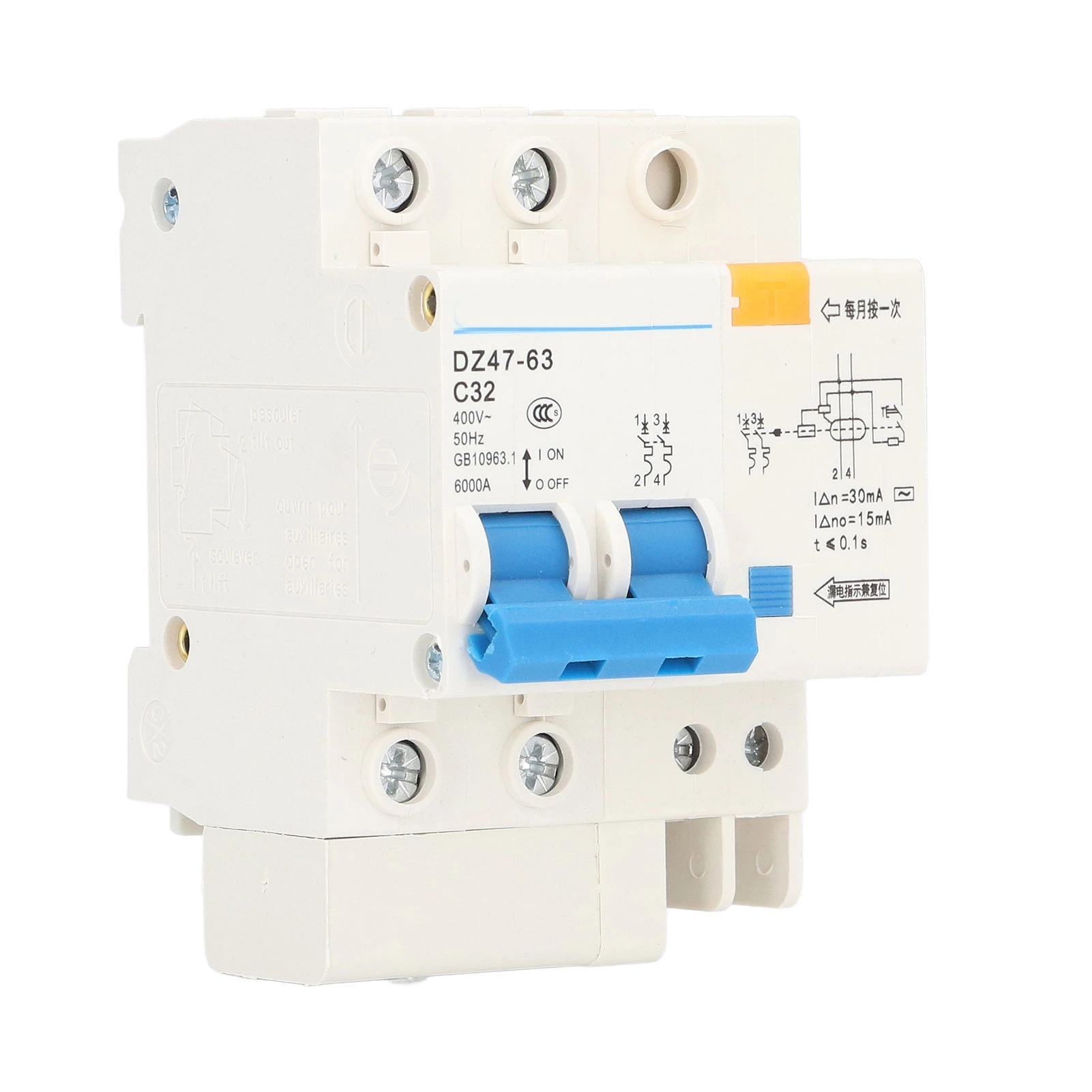 Small Circuit Breaker Ground Fault Interrupter with Protection 30mA 400V 2P+N 32A DZ4763 C32