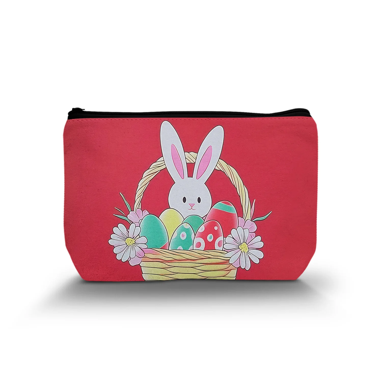 1Pc Happy Easter Eggs Cute Rabbit In Basket With Red Background Cosmetic Bags For Women Outdoor Travel Storage