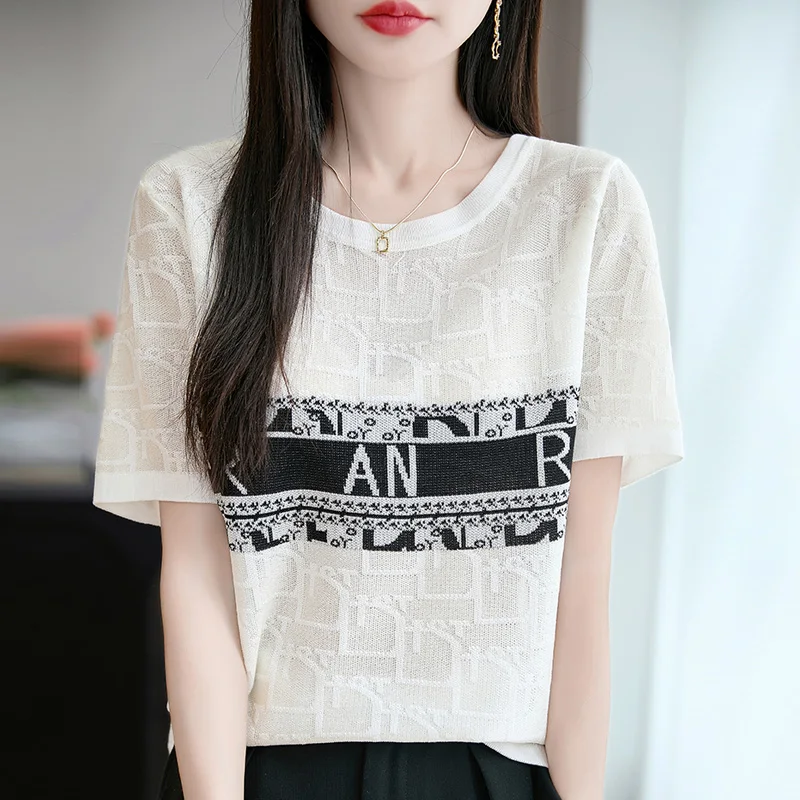 Suéter de mujer verano 100% Lyocell letra impresa cuello redondo Camiseta de manga corta 2025 nuevo Color sólido moda Edición coreana