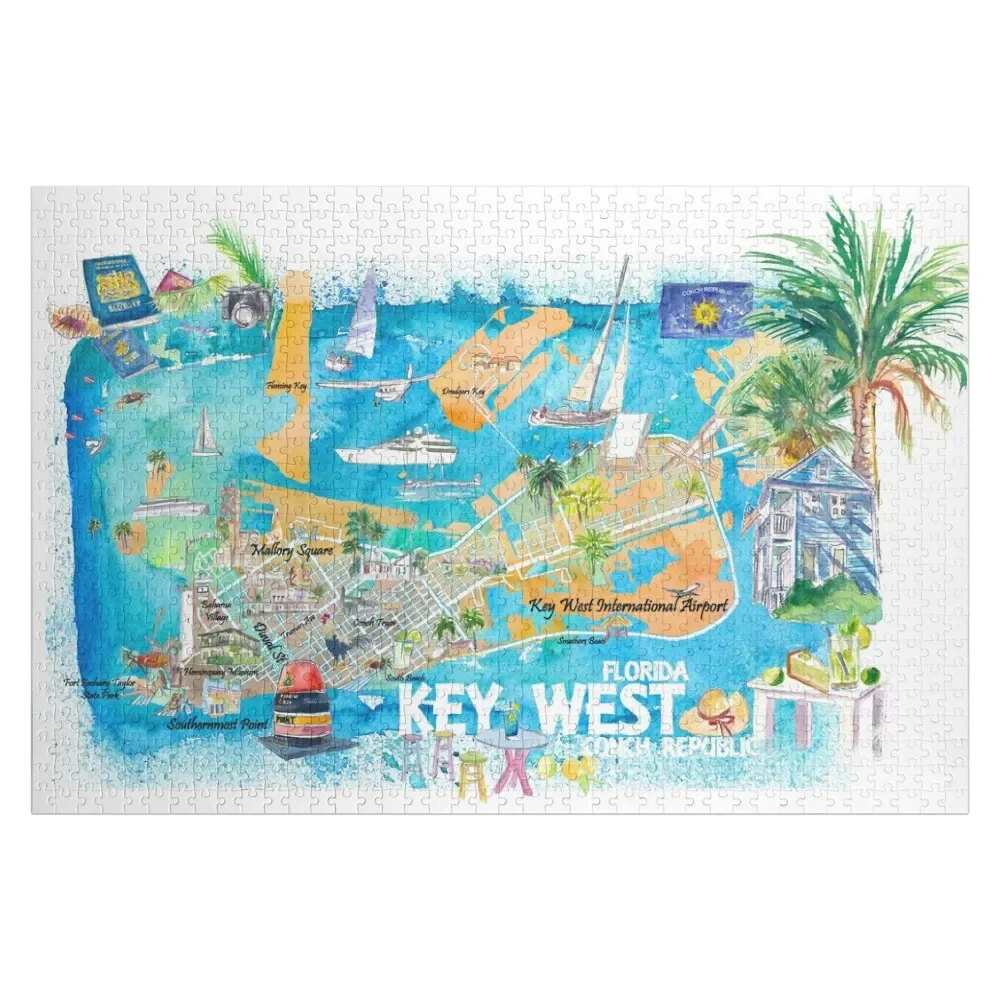 

Key West Florida Illustrated Travel Map with Roads and Highlights Jigsaw Puzzle Personalize Children Puzzle