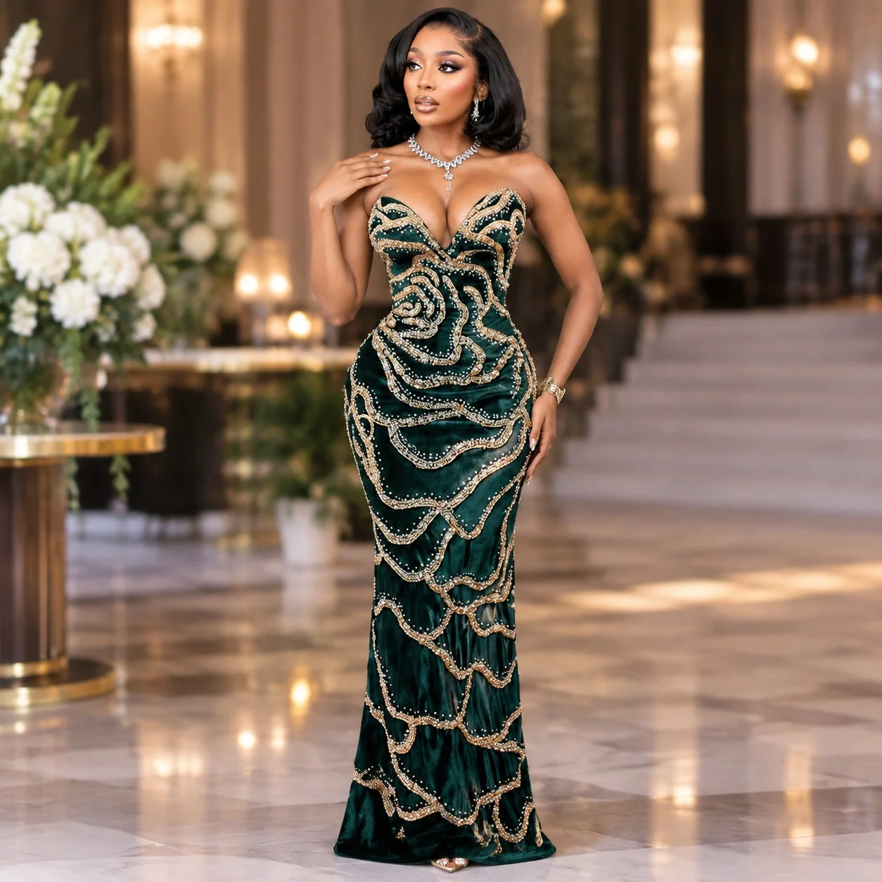 One Beaded Gown Maxi Length Sexy with Slit Skirt Office Wear Pullover Long Dress a Line Professional V Neck Autumn for Women