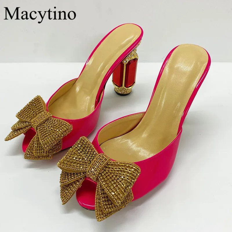 Rhinestone Bow Ladies High Heel Slippers Round Toe Monster Heel High Heel Slippers Fashion Party High Heel Slippers