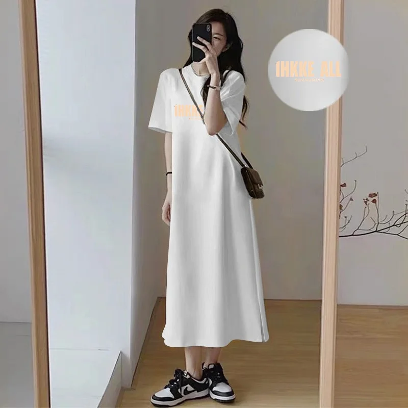 Plus Size Women Letter Print T Shirt Dress Side Split Loose Short Sleeve O Neck Casual Summer Maxi Dress
