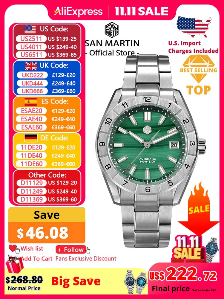 

San Martin Новые 42 мм павлиньи драгоценные камни циферблат NH35 Роскошные мужские часы автоматические механические сапфировые 100 м водонепроницаемые светящиеся SN0130