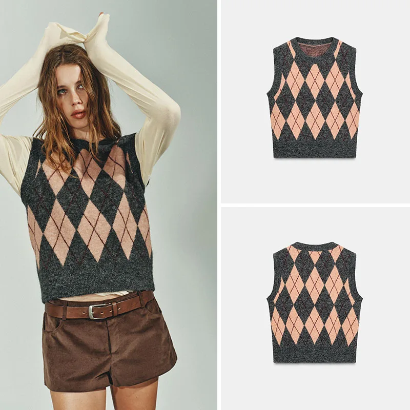 

Мягкий круглый вязаный жилет Ne Svel с ромбовидным узором, Новое поступление, женский модный повседневный вязаный топ, удобный крой