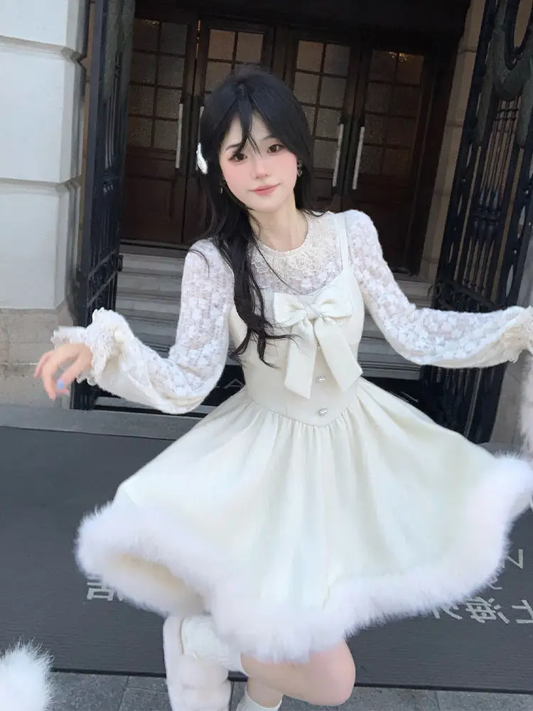 Plush Fairy Tale Pink Set Winter Two Piece Sets Women Outfits Heavy Industry Hooded Cape+Sweet Girls Temperament Camisole Dress