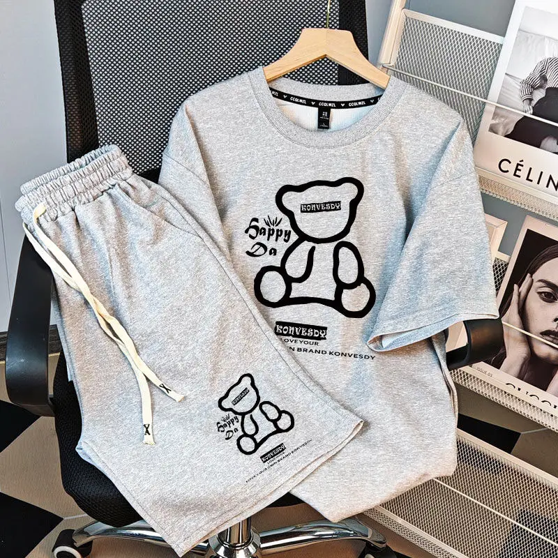 

Мужской костюм, летние модные брендовые свободные повседневные спортивные шорты, женская одежда, комплект из двух предметов, одежда из чистого хлопка с принтом