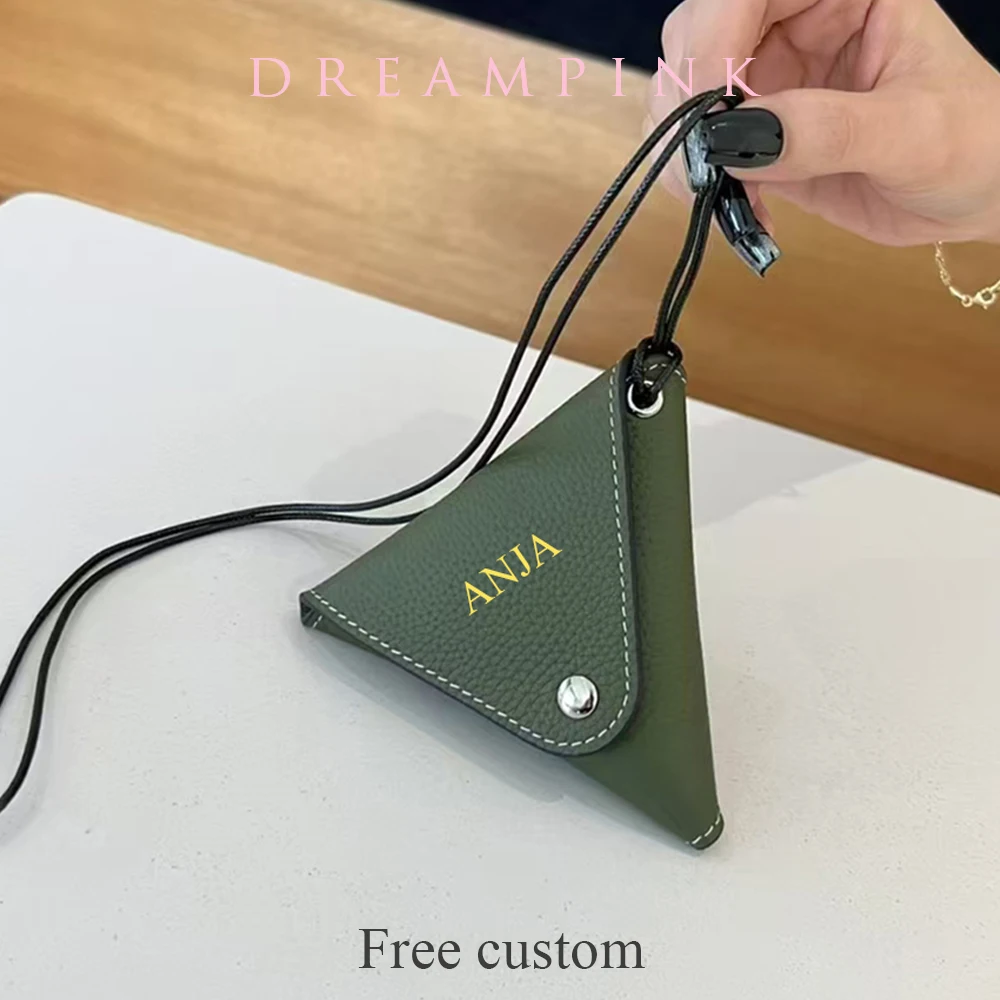 

Triangle Coin Purse Wallet Custom Name Genuine Leather Earphone Case Personalize Letters BagMini Neck Wireless Earbuds Holder