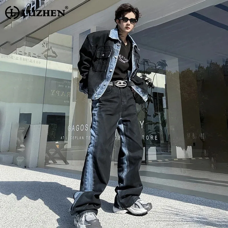 LUZHEN Korean Denim Patchwork Scrawl Trendy Two Piece Sets Street Men's Jacket Straight Pants Casual Handsome Clothes LZ1526