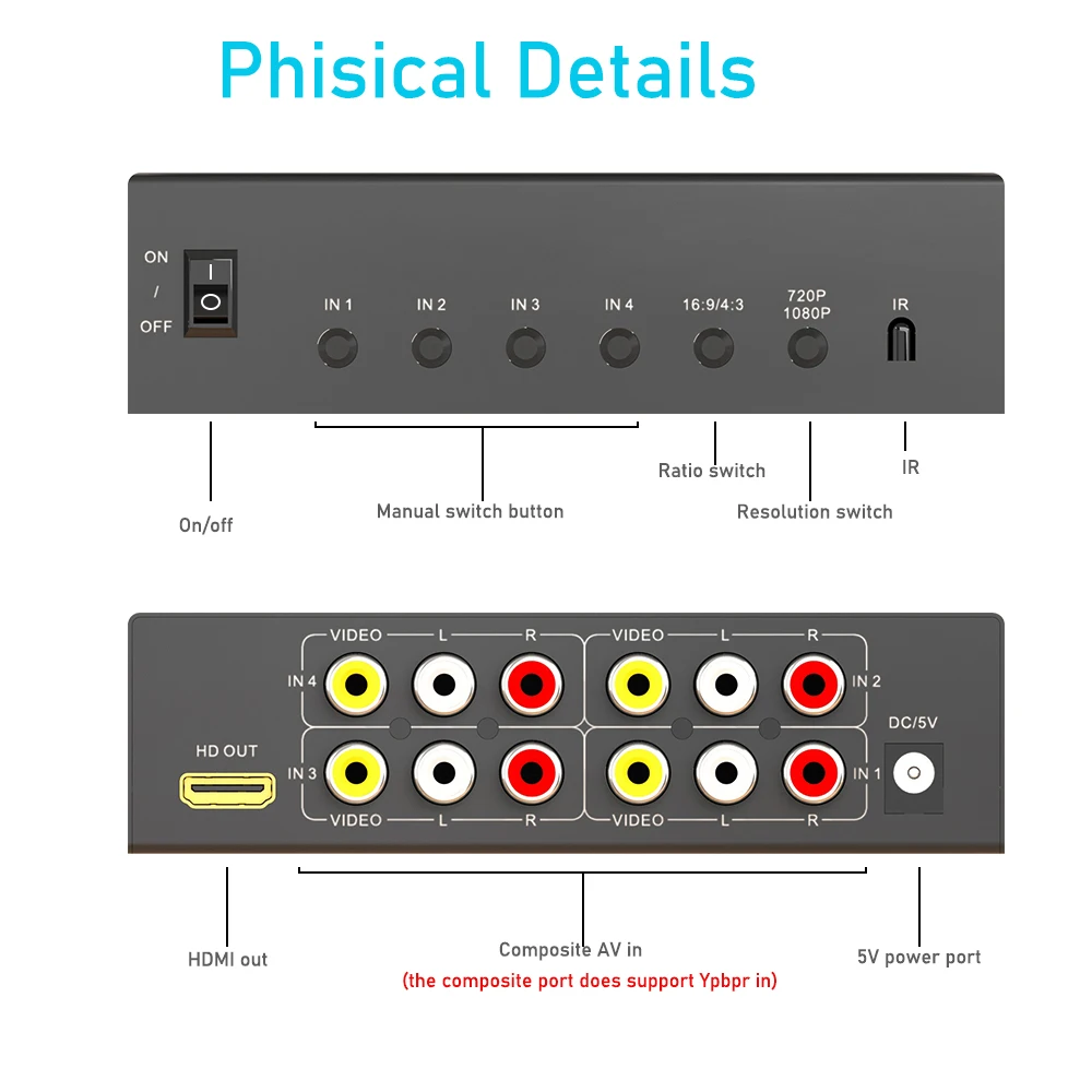 RCA to HDMI 1080P Converter Switch 4 in 1 out Composite AV to HDMI Scaler Switch converter with Remote 3 RCA AV in HDMI out