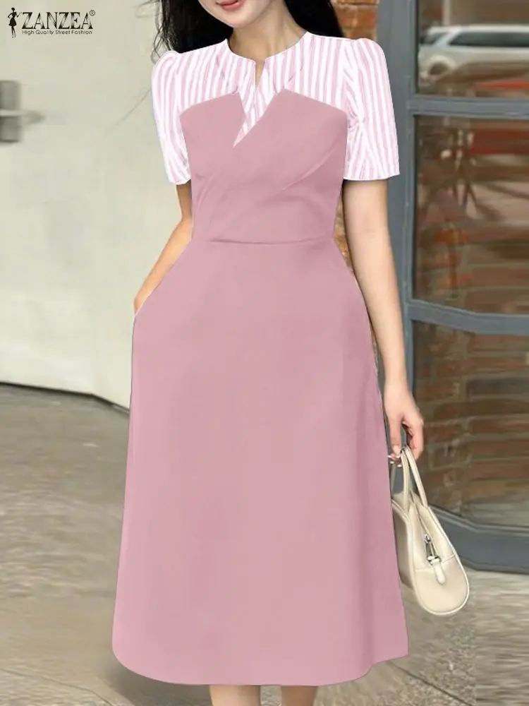 ZANZEA Stylish Women Patchwork Dresses 2025 Summer Dress Elegant Lapel Neck Short Sleeve Office Stripe Sundress OL Work Vestidos