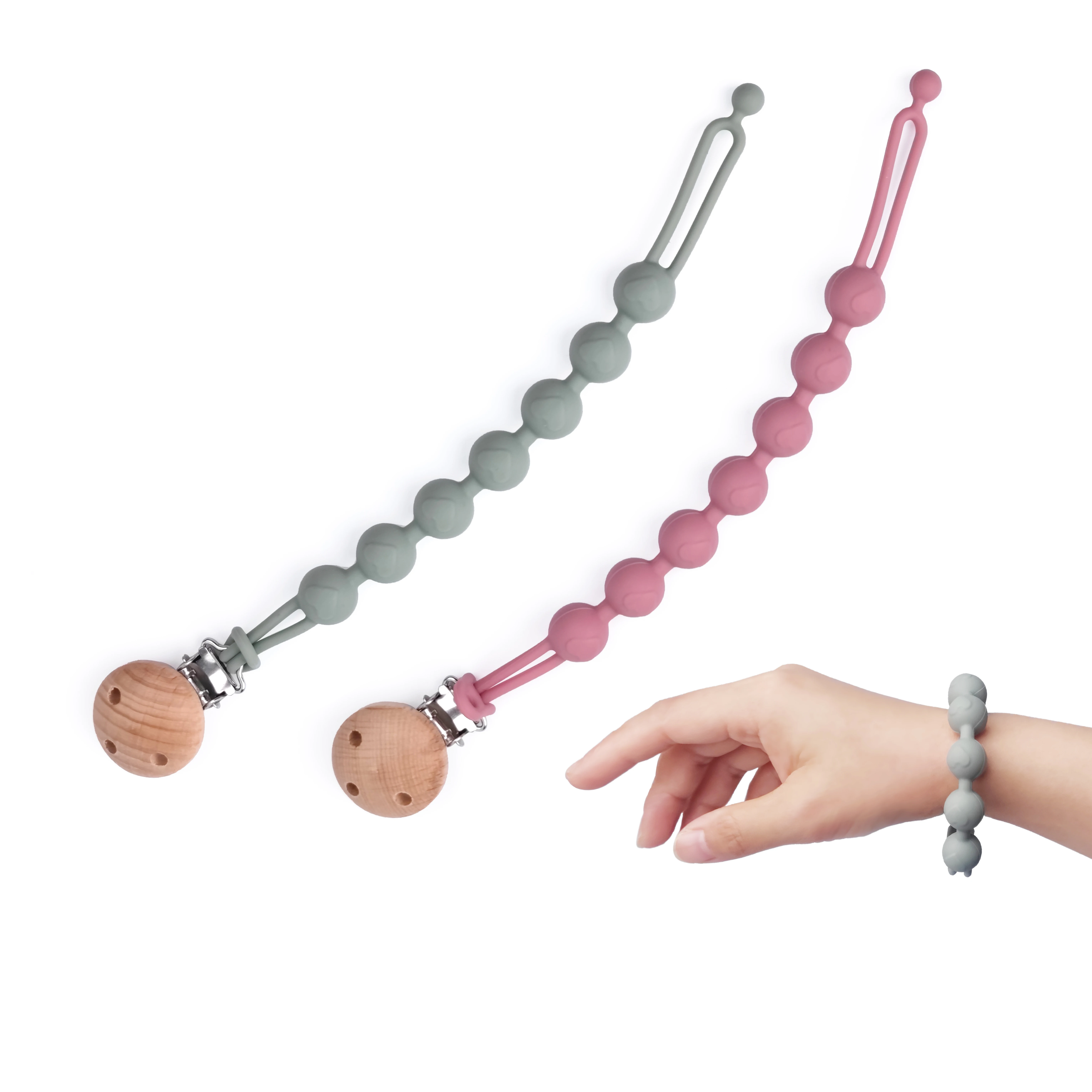 Lovely Heart Shape Pacifier Chain Wood Dummy Clip Baby Pacifier Silicone Chain
