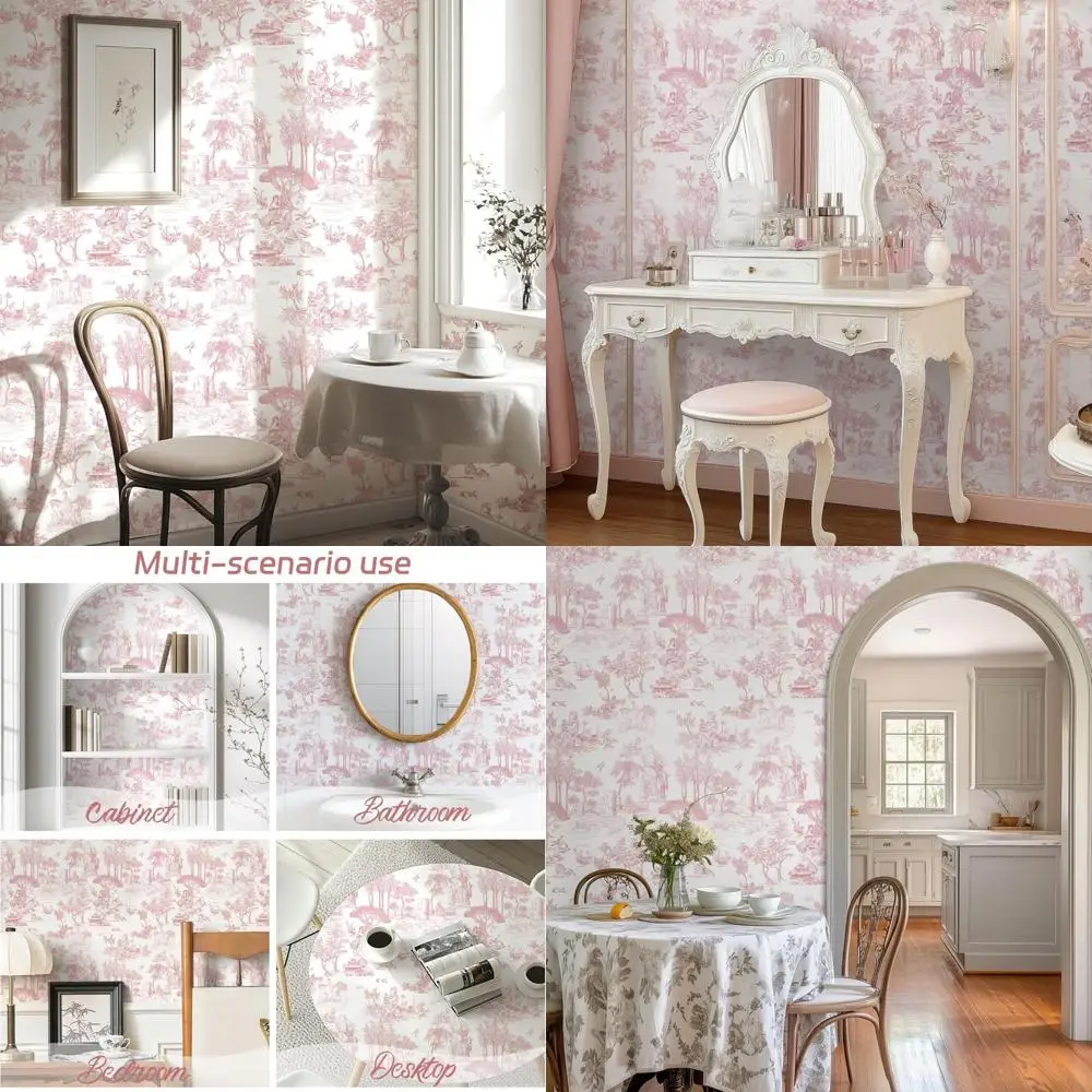 ورق جدران قابل للتقشير واللصق من تويلي فرنسي عتيق، وردي وأبيض، 17.7 × 590، ورق اتصال كلاسيكي للجدران
