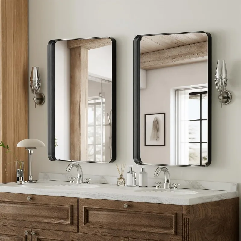 Bathroom Mirror 20x30 inch, Black Gorgeous Deep Frame Wall Mirror, Modern Round Corner Bathroom Vanity Mirror for Bedroom