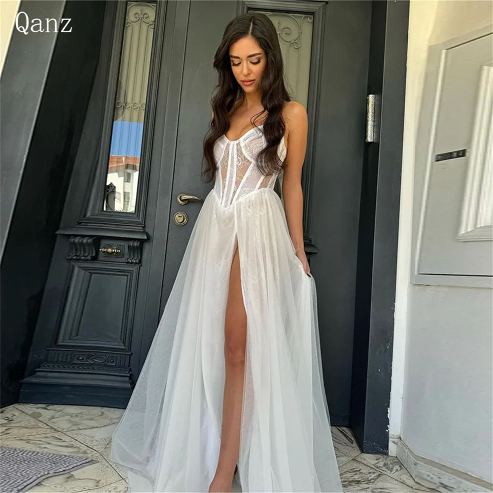 

Qanz Sexy Lace Weeding Dresses Strapless High Slit A Line Tulle Vestido De Noiva Casamento Floor Length Corset Back Bridal Gowns