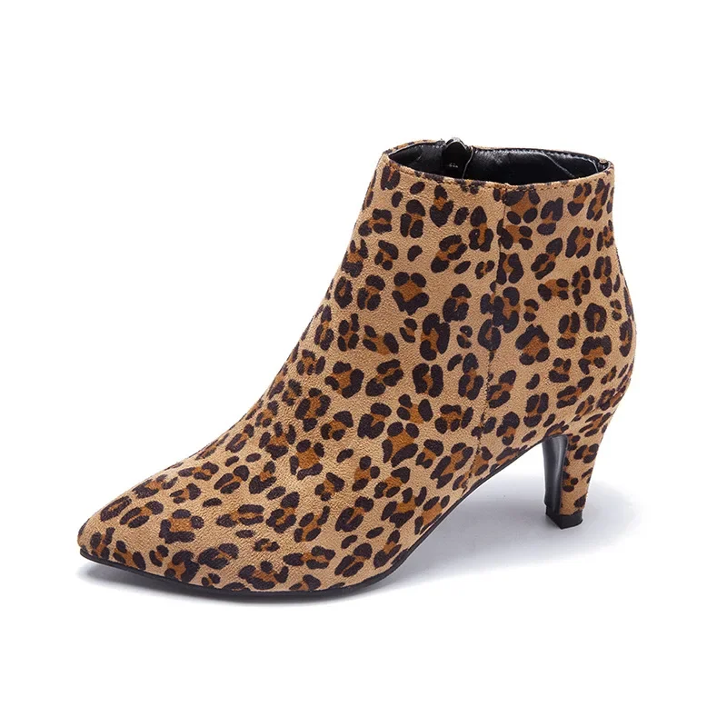 2024 Autumn High Heels Ankle Boots Plus Size Leopard Women Boots Retro Pointed Ladies Shoes Side Zipper Booties Botas De Mujer