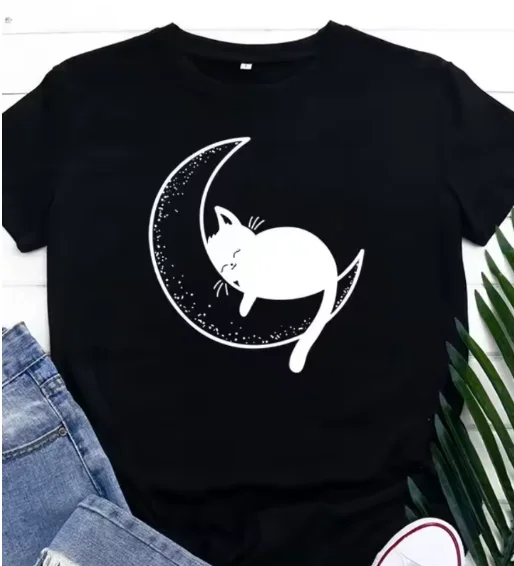 Kat Slapen op Maan Print T-shirts Zomer Vrouwen T-shirt Tops Camisetas Mujer Vrouwen Korte Mouw O Hals Losse T-shirts