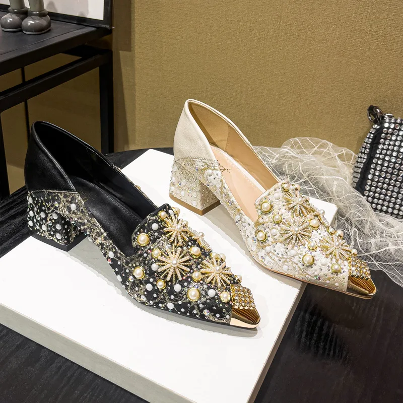 

Women's Pointed Rhinestone Loafers Elegant Temperament Single Shoes Handmade High-heeled Thick-heeled Womens Shoes Zapatos Mujer