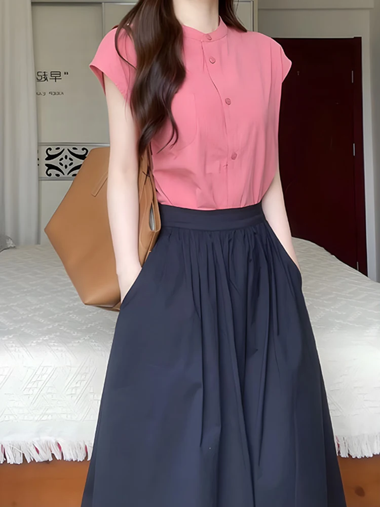 Fashion Summer Simple Office OL Two Piece Set New Women O Neck Solid Short Sleeve Shirts + High Waist A Line Skirts Suits