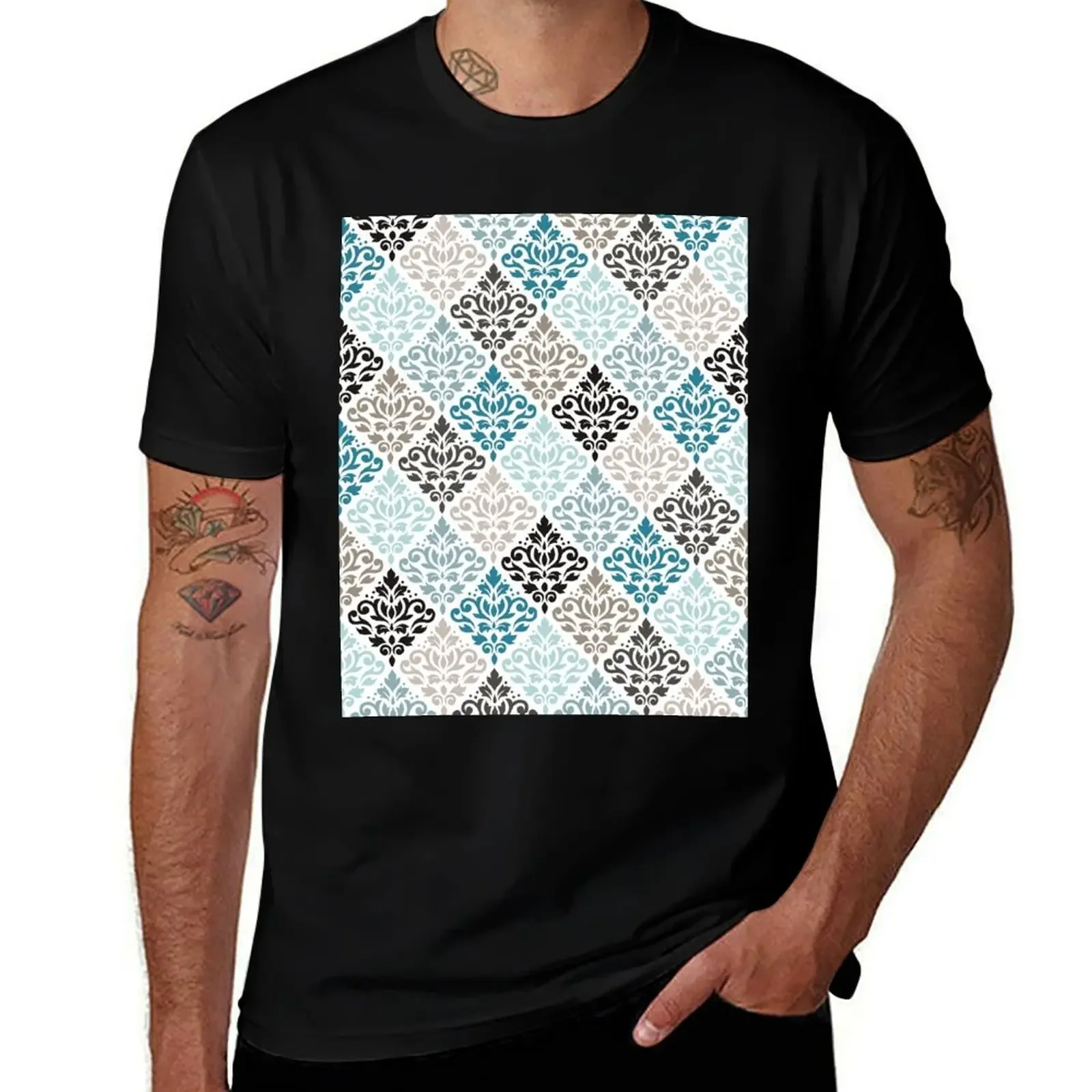 Scroll Damask Pattern Teals Browns White T-Shirt cute clothes summer top t shirts for men pack