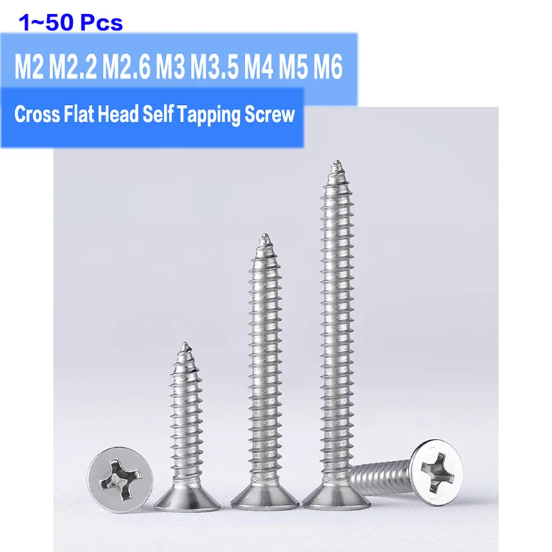 1~50 Pcs M2 M2.2 M2.6 M3 M3.5 M4 M5 M6 316 Stainless Steel Cross Flat Head Self Tapping Screw Self Tapping Furniture Wood Screw