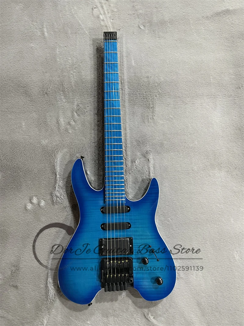 Headless Electric Guitar Blue Body Flamed Maple Top Cream Binding Blue Fingerboard High Quality Bridge