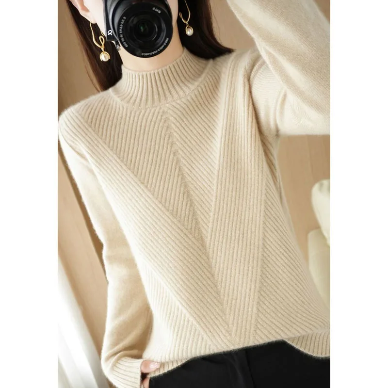 New Autumn and Winter Fashion Lazy Style Thickened Twill Half High Neck Loose Versatile Simple Slim Women's Knitted Sweater