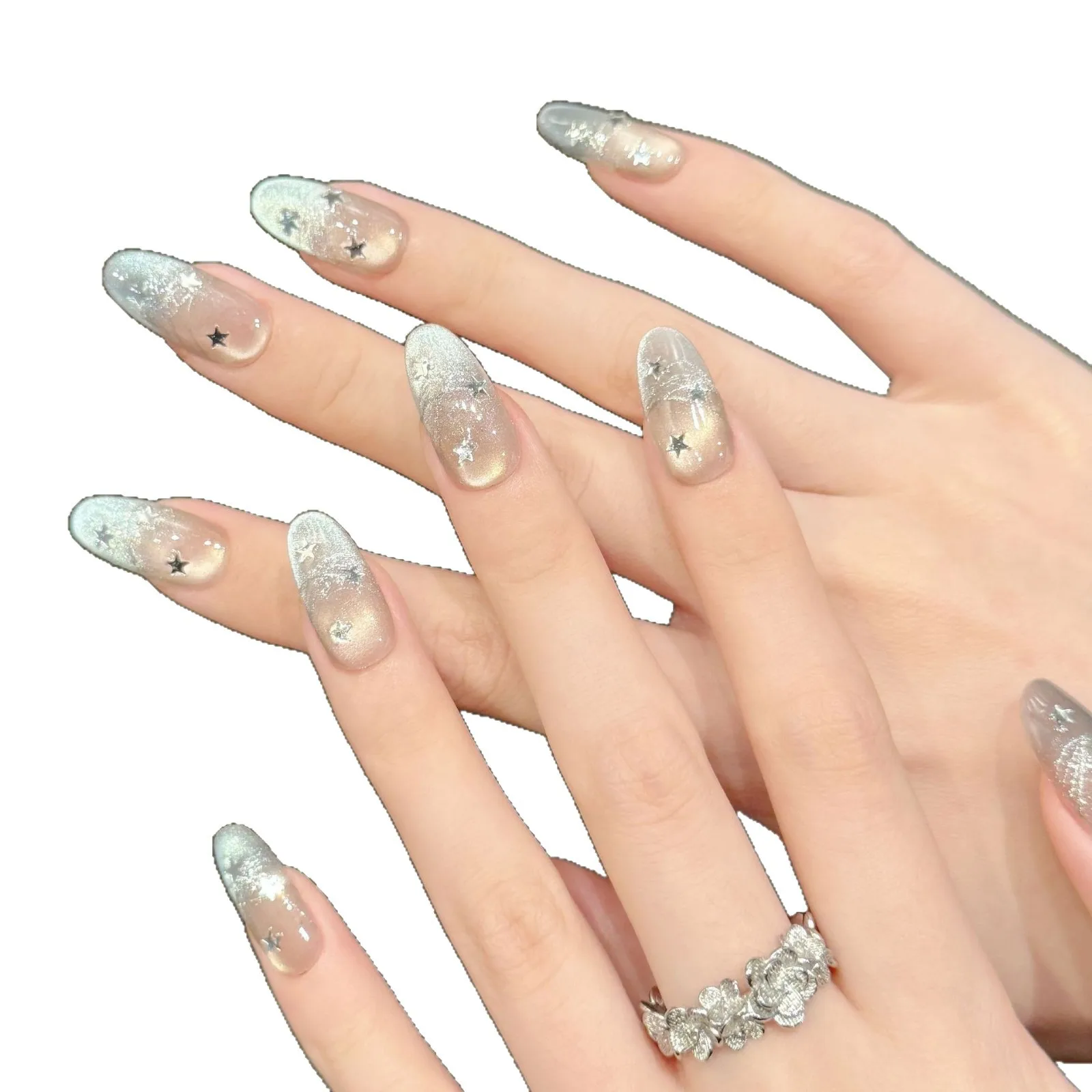 10 pièces à la main français ovale presse sur ongles paillettes oeil de chat étoile paillettes conception faux ongles portable avancé faux ongles