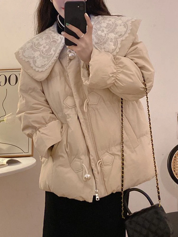 

Oversized Winter Jackets Women Korean Fashion Preppy Style Lace Doll Collar Down Coats Loose Casual Kawaii Long Sleeve Outerwear