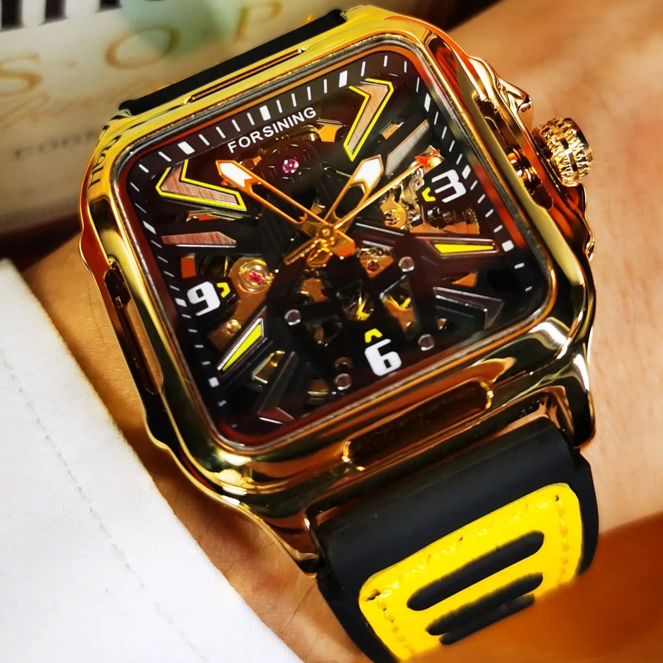 Forsining ساعة ميكانيكية عصرية للرجال مضيئة الأيدي عادية المطاط حزام من الجلد الأعمال الفاخرة التلقائي ساعات رجالي جديد