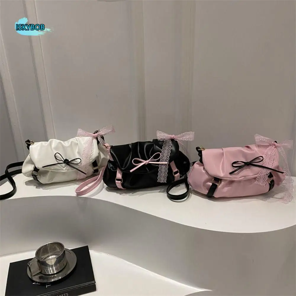

PU Leather Y2k Shoulder Bags Korean Style Pleated Balletcore Underarm Bag Solid Color Fashion Design Bow Lace Handbag Streetwear