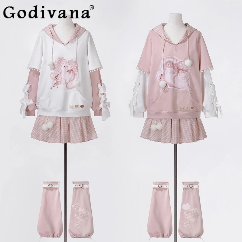 

Original Japanese Lolita Hooded Sweatshirt Skirt Leg Warmers 3-Piece Set Autumn New Girls Sweet Cute Loose Pullover Mini Skirts