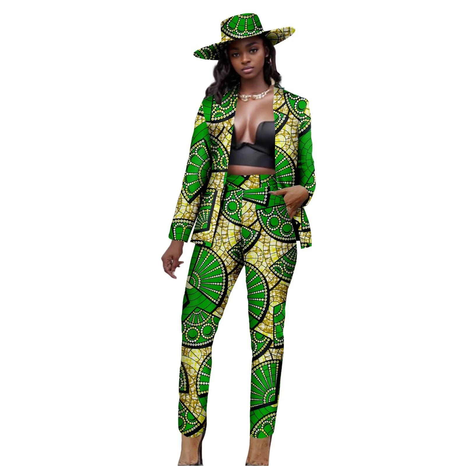 

African-Style Printed Cotton Suit Set Large Size Casual Outfit with Hat Included