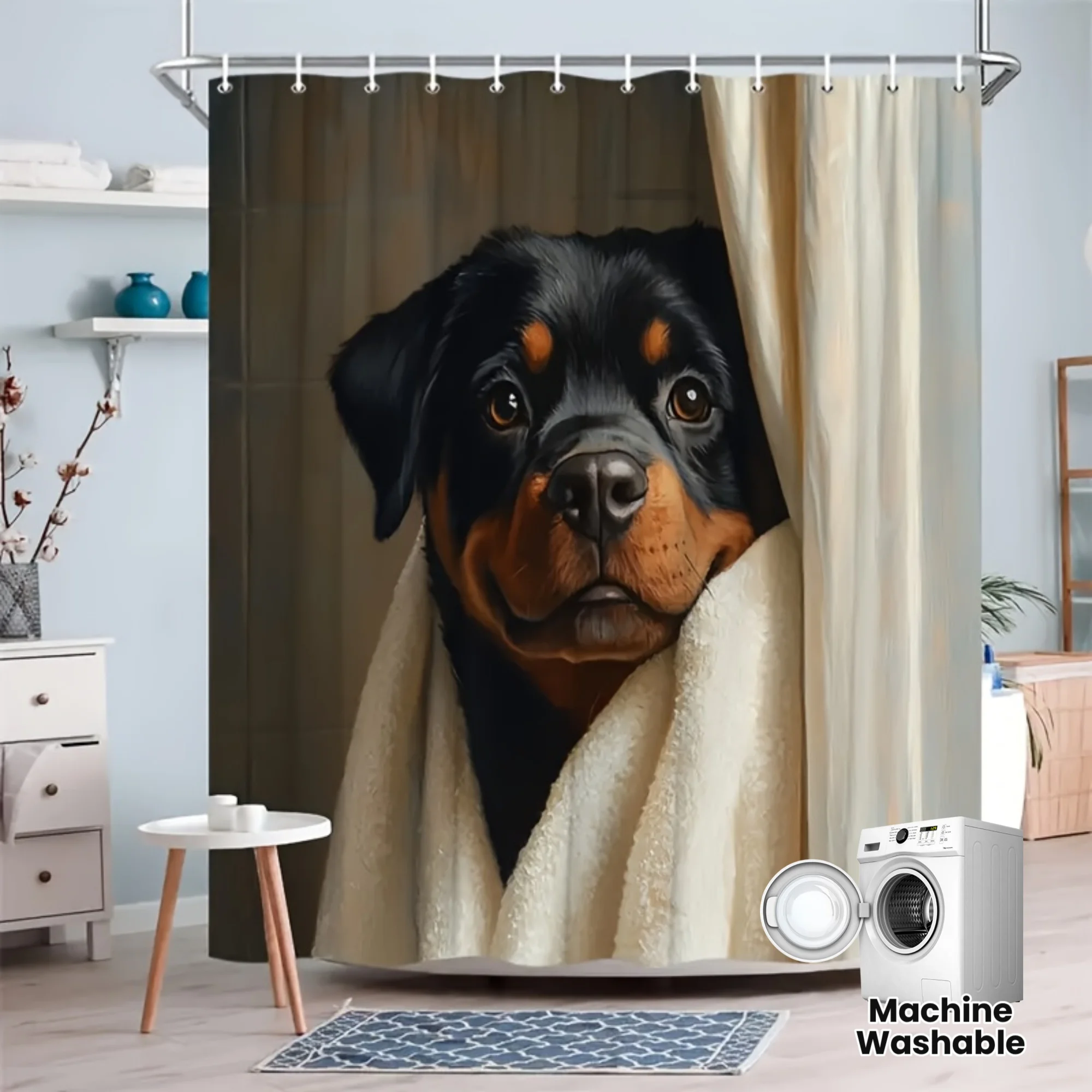 

Dog in Towel Shower Curtain Polyester Machine Washable with Hooks for Home Hotel Bathroom Decor