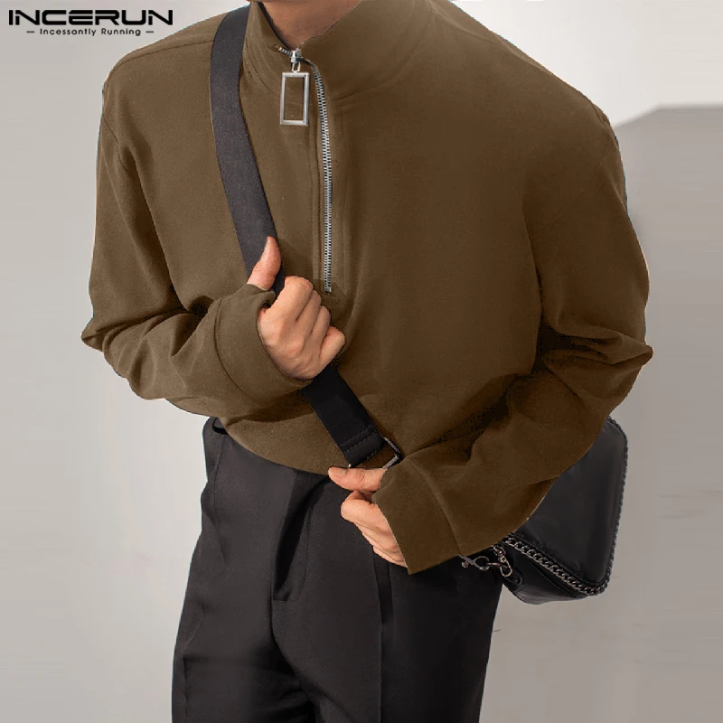 Tops de estilo informal a la moda INCERUN 2024 para hombre, suéter con hebilla y cremallera cuadrada lisa, abrigo, ropa de calle, jerséis de manga larga para hombre, S-5XL