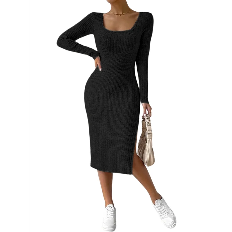 ABRT-Vestito autunnale da donna 2 Abito midi da spiaggia in maglia a maniche lunghe con scollo quadrato e abito maxi slim con spacco