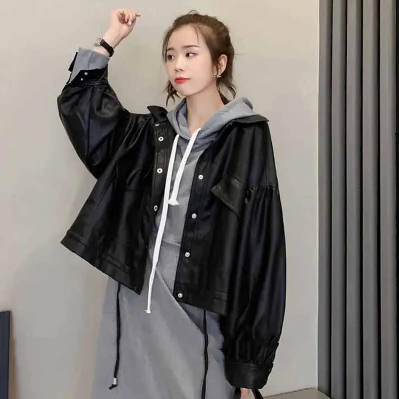 2025 Korean Women Fashion Short Lapel Collar PU Leather Jacket Tops Coat Female New Loose Fitting Versatile Faux Leather Jacket