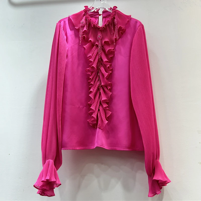 KBQ Solid Patchwork Ruffles Blouses For Womeen O Neck Long Sleeve Spliced Diamonds High Street Style Shirts Female Fashion New