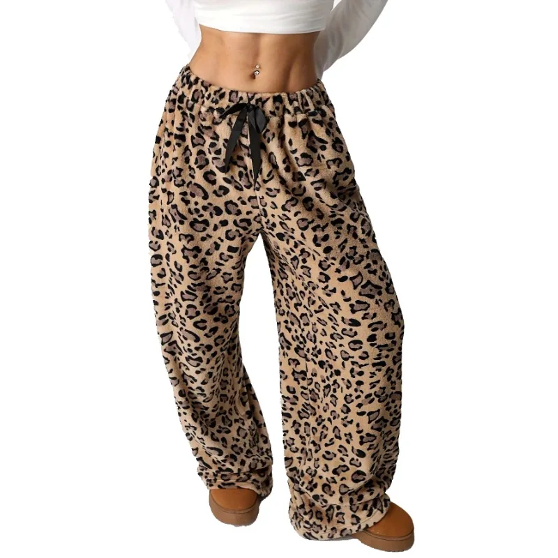 Pantaloni da donna taglie forti autunno e inverno alla moda con stampa leopardata con coulisse in vita, comodi e larghi, casual, a gamba larga