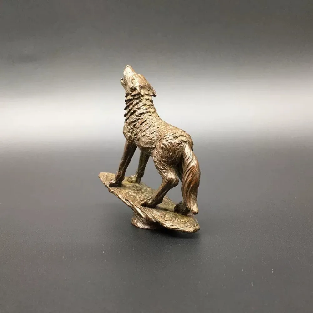 Solid Brass Wolf Howling at Moon Statue Rock Incense Holder Head Up Wolf Tea Pet Desk Gift