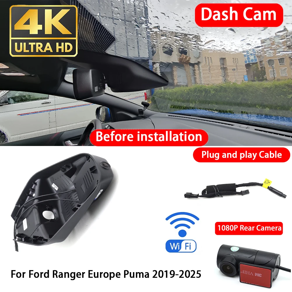 Cámara para Auto 4K con Wifi, Grabación en Bucle, Plug & Play, para Ford Ranger Europa Puma 2019-2025, Grabación Delantera y Trasera